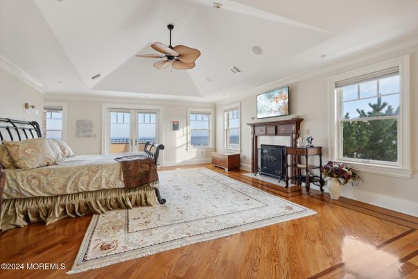Bedroom, Fireplace, Interior, Recessed Lighting, Wood Texture Flooring