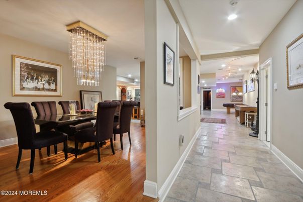 Chandelier, Dining room, Interior, Pendant Lights, Recessed Lighting, Wood Texture Flooring