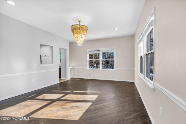 Chandelier, Empty room, Interior, Recessed Lighting, Wood Texture Flooring