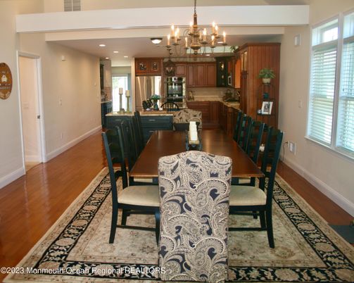 Chandelier, Dining room, Interior, Kitchen, Recessed Lighting, Wood Texture Flooring