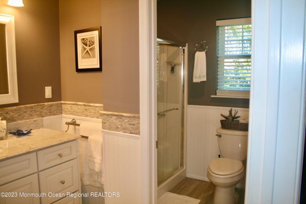 Bathroom, Glass Shower, Interior, Wood Texture Flooring