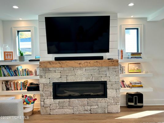 Fireplace, Interior, Recessed Lighting, Wood Texture Flooring