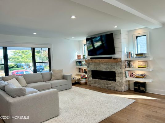 Fireplace, Interior, Living room, Recessed Lighting, Wood Texture Flooring