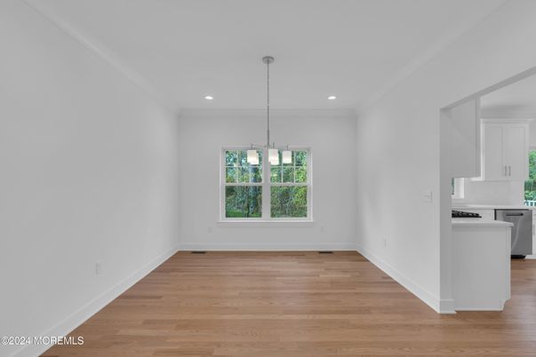 Empty room, Interior, Kitchen, Pendant Lights, Recessed Lighting, Wood Texture Flooring