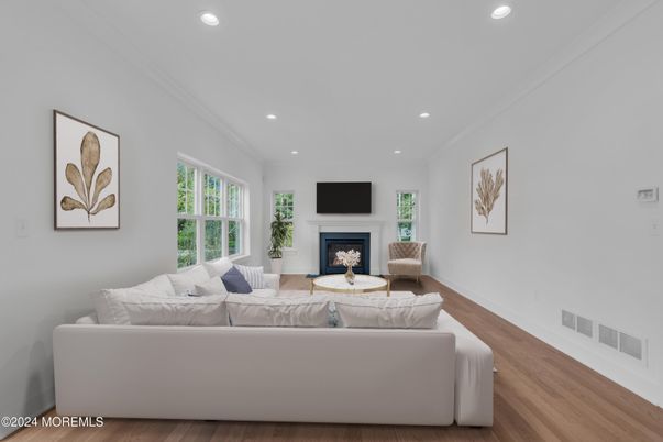 Fireplace, Interior, Living room, Recessed Lighting, Wood Texture Flooring