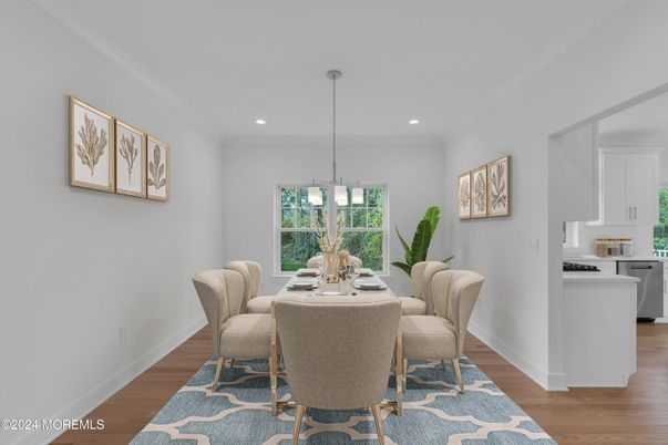 Dining room, Interior, Kitchen, Pendant Lights, Recessed Lighting, Wood Texture Flooring