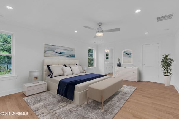Bedroom, Interior, Recessed Lighting, Wood Texture Flooring