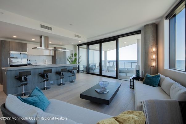Interior, Kitchen, Living room, Recessed Lighting, Stainless Steel Appliances, Water, Wood Texture Flooring