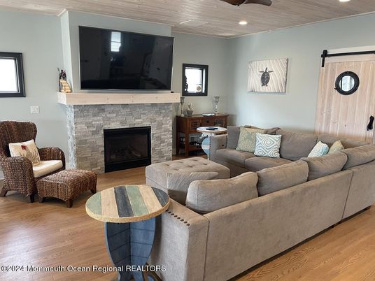 Fireplace, Interior, Living room, Recessed Lighting, Wooden Ceilings, Wood Texture Flooring