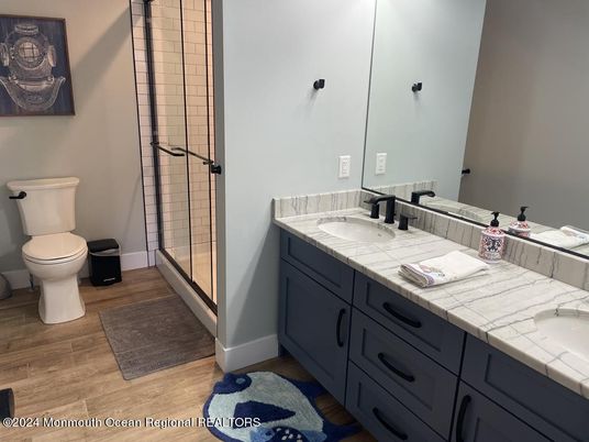 Bathroom, Dual Sink Vanities, Interior, Tile Countertops, Wood Texture Flooring