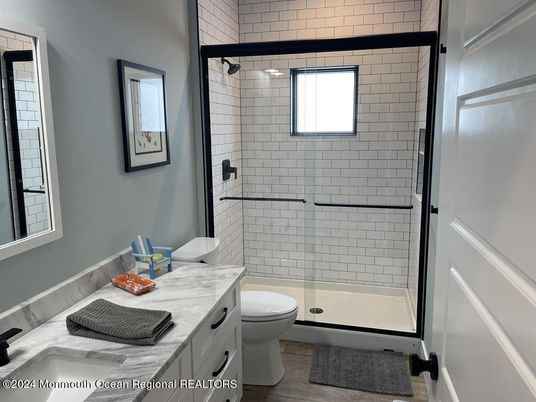 Bathroom, Glass Shower, Interior, Wood Texture Flooring