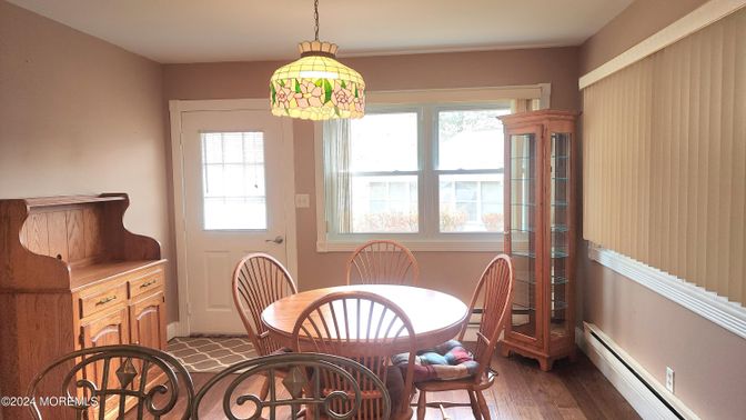 Dining room, Interior, Pendant Lights, Wood Texture Flooring