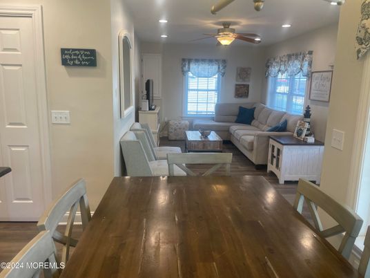 Dining room, Interior, Living room, Recessed Lighting, Wood Texture Flooring