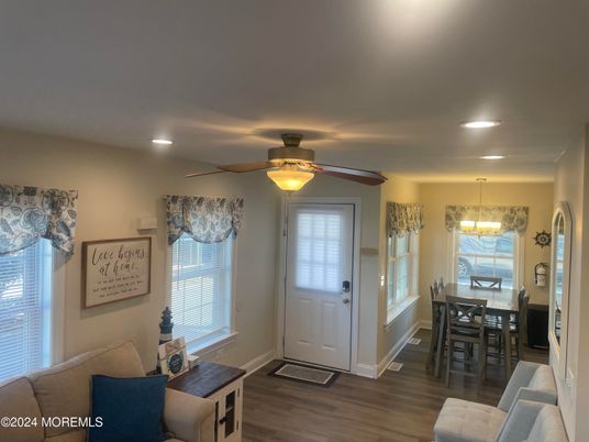 Dining room, Interior, Pendant Lights, Recessed Lighting, Wood Texture Flooring