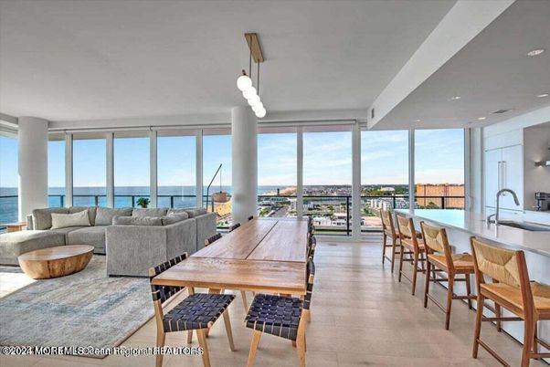 Dining room, Interior, Living room, Pendant Lights, Recessed Lighting, Water, Wood Texture Flooring