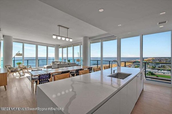 Dining room, Interior, Kitchen, Pendant Lights, Recessed Lighting, Water, Wood Texture Flooring