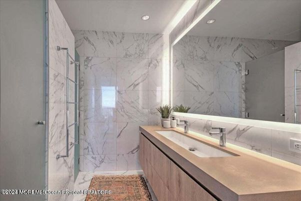 Bathroom, Glass Shower, Interior, Marble Walls, Recessed Lighting