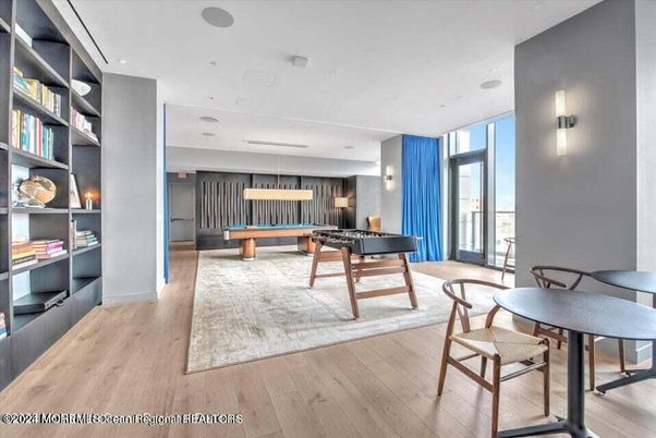 Billiard Table, Dining room, Game Room, Interior, Pendant Lights, Wood Texture Flooring