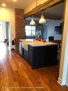 Interior, Kitchen, Pendant Lights, Recessed Lighting, Stone Walls, Wood Texture Flooring