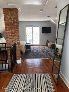 Bedroom, Fireplace, Interior, Stone Walls, Wood Texture Flooring