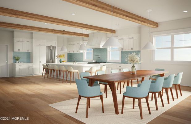 Dining room, Interior, Kitchen, Pendant Lights, Recessed Lighting, Stainless Steel Appliances, Wooden Beams, Wood Texture Flooring
