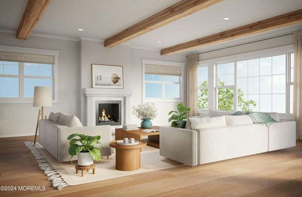 Fireplace, Interior, Living room, Recessed Lighting, Wooden Beams, Wood Texture Flooring
