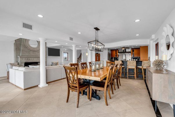 Dining room, Fireplace, Interior, Kitchen, Living room, Pendant Lights, Recessed Lighting, Stainless Steel Appliances