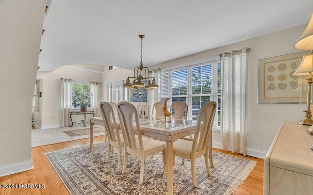 Dining room, Interior, Pendant Lights, Wood Texture Flooring