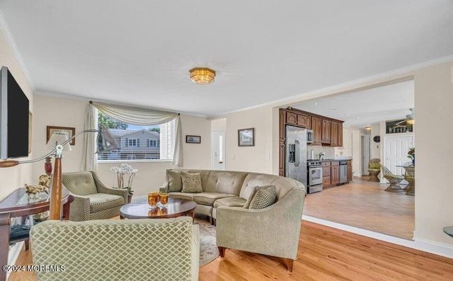 Interior, Kitchen, Living room, Recessed Lighting, Stainless Steel Appliances, Wood Texture Flooring