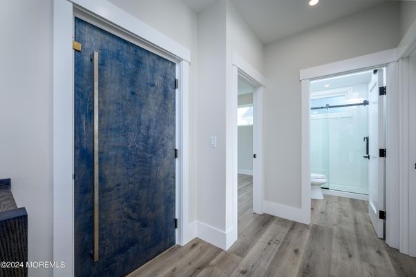 Bathroom, Glass Shower, Interior, Recessed Lighting, Wood Texture Flooring