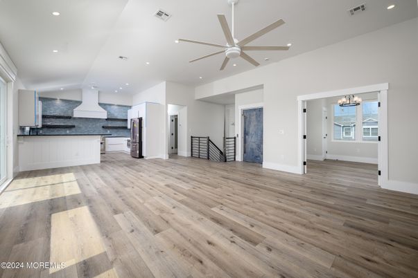 Chandelier, Empty room, Interior, Kitchen, Recessed Lighting, Wood Texture Flooring