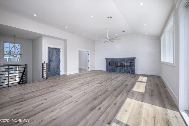Empty room, Fireplace, Interior, Recessed Lighting, Wood Texture Flooring