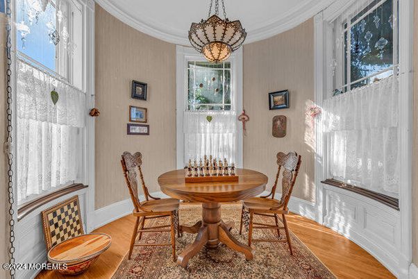 Dining room, Interior, Pendant Lights, Wood Texture Flooring