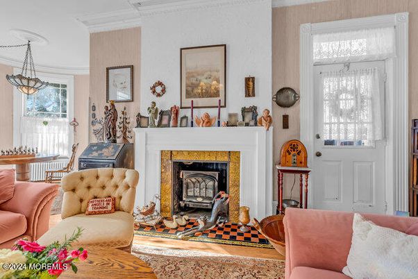 Fireplace, Interior, Living room, Pendant Lights, Wood Texture Flooring
