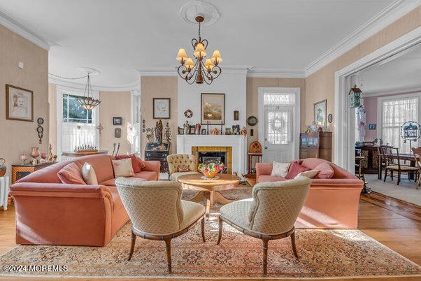 Chandelier, Dining room, Fireplace, Interior, Living room, Wood Texture Flooring