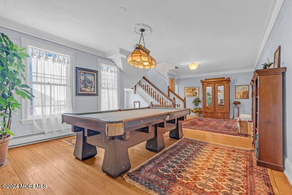 Billiard Table, Game Room, Interior, Pendant Lights, Wood Texture Flooring