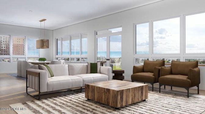 Interior, Living room, Pendant Lights, Recessed Lighting, Water, Wood Texture Flooring