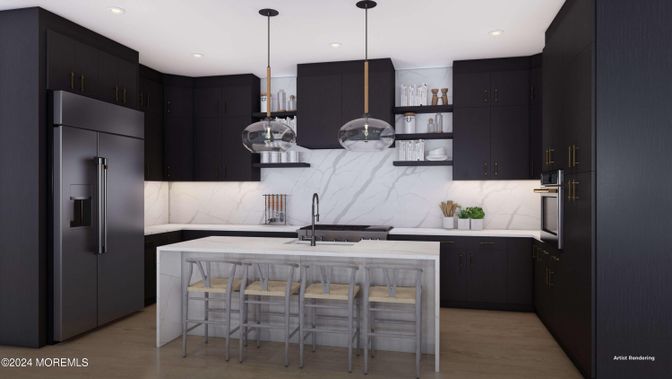 Interior, Kitchen, Marble Walls, Pendant Lights, Recessed Lighting, Stainless Steel Appliances, Wood Texture Flooring