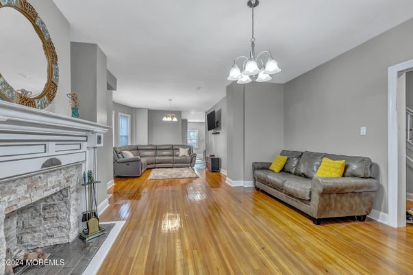 Fireplace, Interior, Living room, Pendant Lights, Wood Texture Flooring