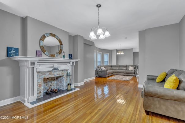 Fireplace, Interior, Living room, Pendant Lights, Wood Texture Flooring