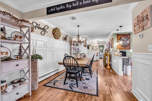 Chandelier, Dining room, Interior, Pendant Lights, Wood Texture Flooring