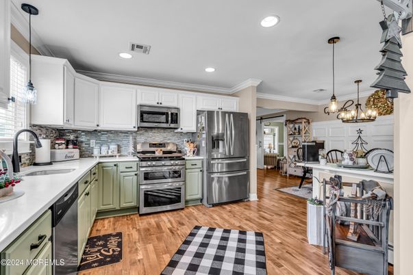 Interior, Kitchen, Pendant Lights, Recessed Lighting, Stainless Steel Appliances, Wood Texture Flooring