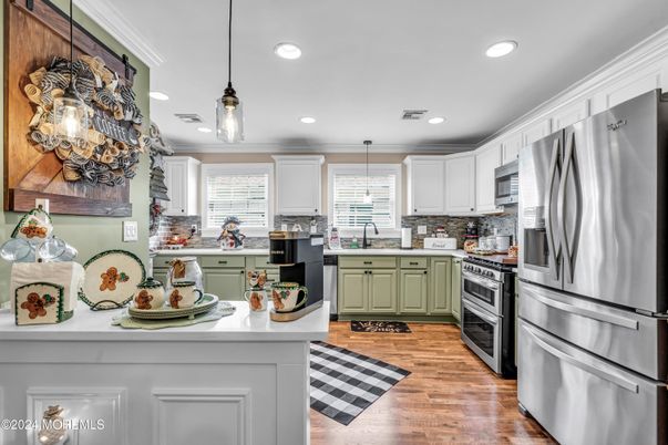 Interior, Kitchen, Pendant Lights, Recessed Lighting, Stainless Steel Appliances, Wood Texture Flooring