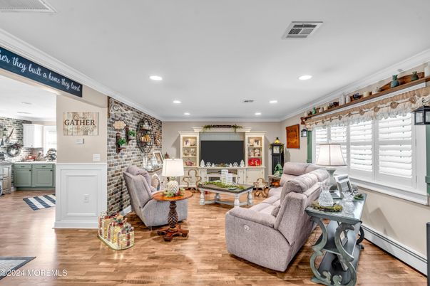 Interior, Living room, Recessed Lighting, Stone Walls, Wood Texture Flooring