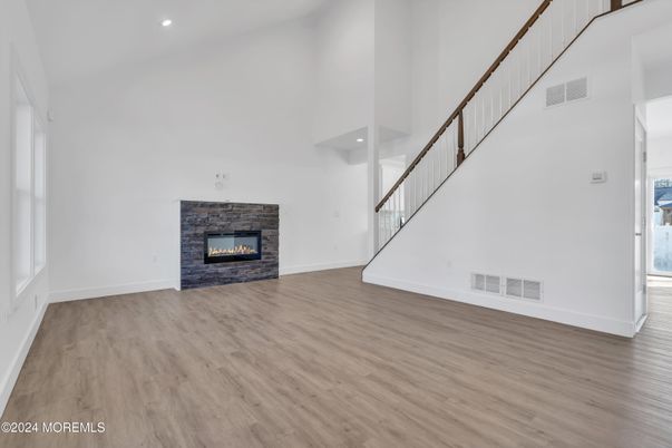 Empty room, Fireplace, Interior, Recessed Lighting, Wood Texture Flooring