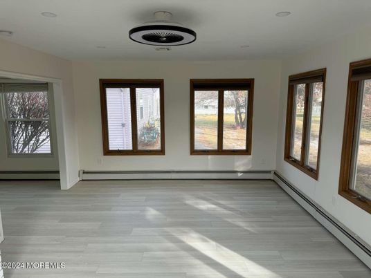 Empty room, Interior, Pendant Lights, Recessed Lighting, Wood Texture Flooring