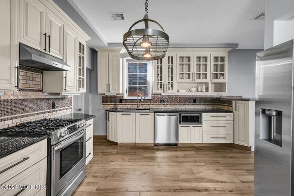 Interior, Kitchen, Pendant Lights, Stainless Steel Appliances, Wood Texture Flooring