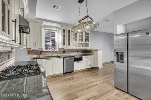 Interior, Kitchen, Pendant Lights, Stainless Steel Appliances, Wood Texture Flooring