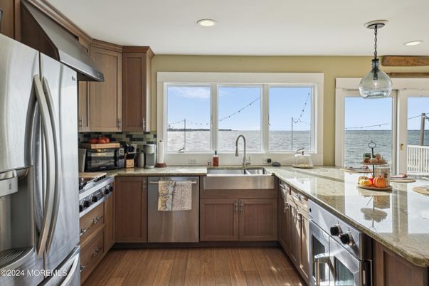 Interior, Kitchen, Pendant Lights, Recessed Lighting, Stainless Steel Appliances, Water, Wood Texture Flooring