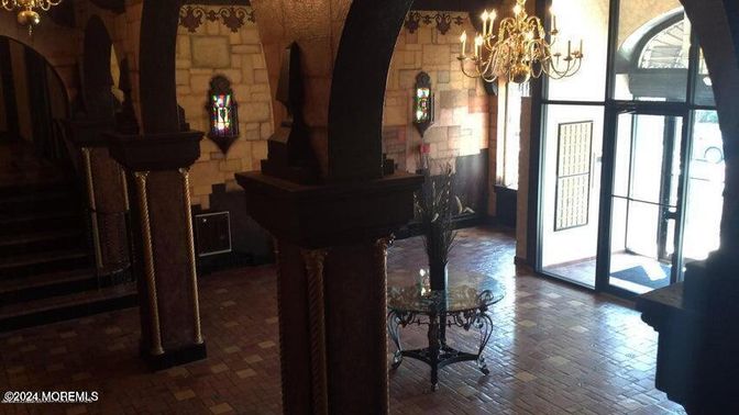 Chandelier, Interior, Stone Walls, Wood Texture Flooring